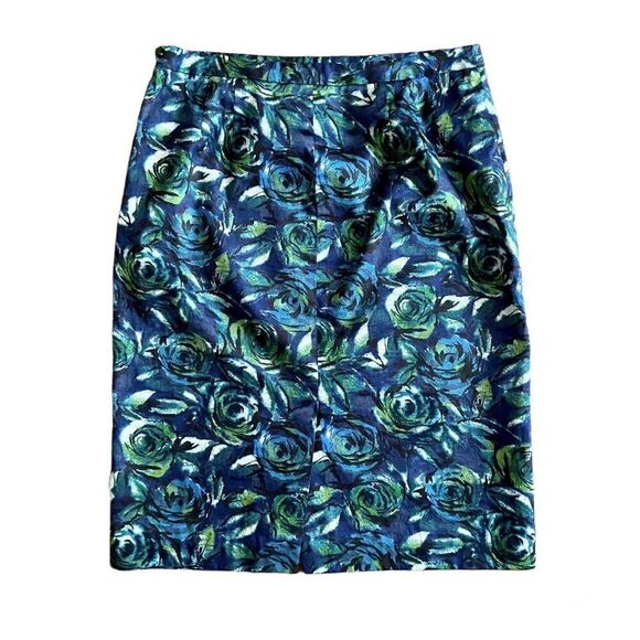 LOFT Ann Taylor Blue Green Floral Roses Pencil Skirt 4 - Picture 2 of 5
